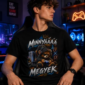 Minnyááá megyek gamer maci póló kontrollerrel és headsettel