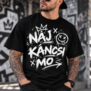 Fekete póló Náj káncsi mo feliratú fehér underground graffiti grafikával
