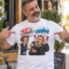 Nevet és titulust – Nevetést? vicces pólógrafika, ahol egy riporter mikrofonnal kérdez egy értetlenül néző bajuszos férfit.