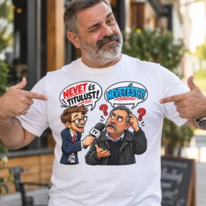 Nevet és titulust – Nevetést? vicces pólógrafika, ahol egy riporter mikrofonnal kérdez egy értetlenül néző bajuszos férfit.