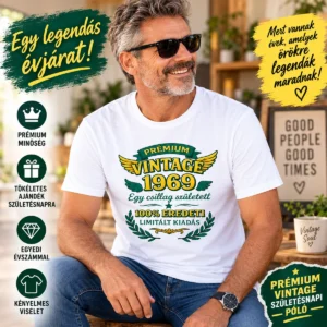 Férfi modell fehér prémium vintage évszámos születésnapi pólóban