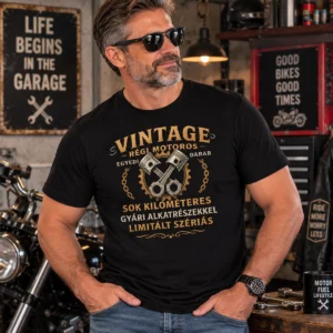 Régi motoros vintage születésnapi póló férfi modellen motoros műhelyben