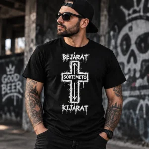 Sörtemető streetwear póló fehér grunge grafikával férfi modellen