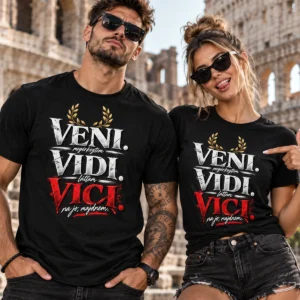 Veni vidi vici póló vicces római stílusú grafikával