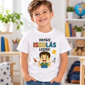 Iskolakezdős fiú gyerek póló Vigyázz, iskolás leszek felirattal, fehér pólóban mosolygó kisfiún, színes iskolai grafikával.