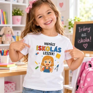 Vigyázz, iskolás leszek feliratú iskolakezdős kislány póló fehér színben, mosolygó kislánymodellen, színes iskolai grafikával.