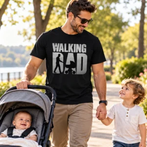 The Walking Dad vicces apuka póló fekete színben, szürke zombis paródiafelirattal, babakocsit toló és gyermekével sétáló apukán.
