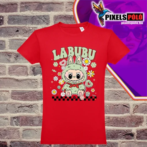 Labubu grafikus póló zöld édesség mintával, női és férfi méretben, minőségi pamut.