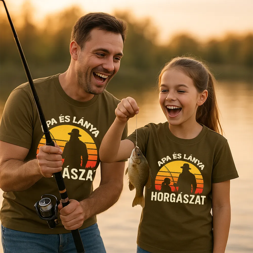a képen egy apuka és a kislánya látszik általunk készitett pólóban ahol éppen horgásznak a póló grafikán vintage naplementze apa és lánya horgászat felirattal