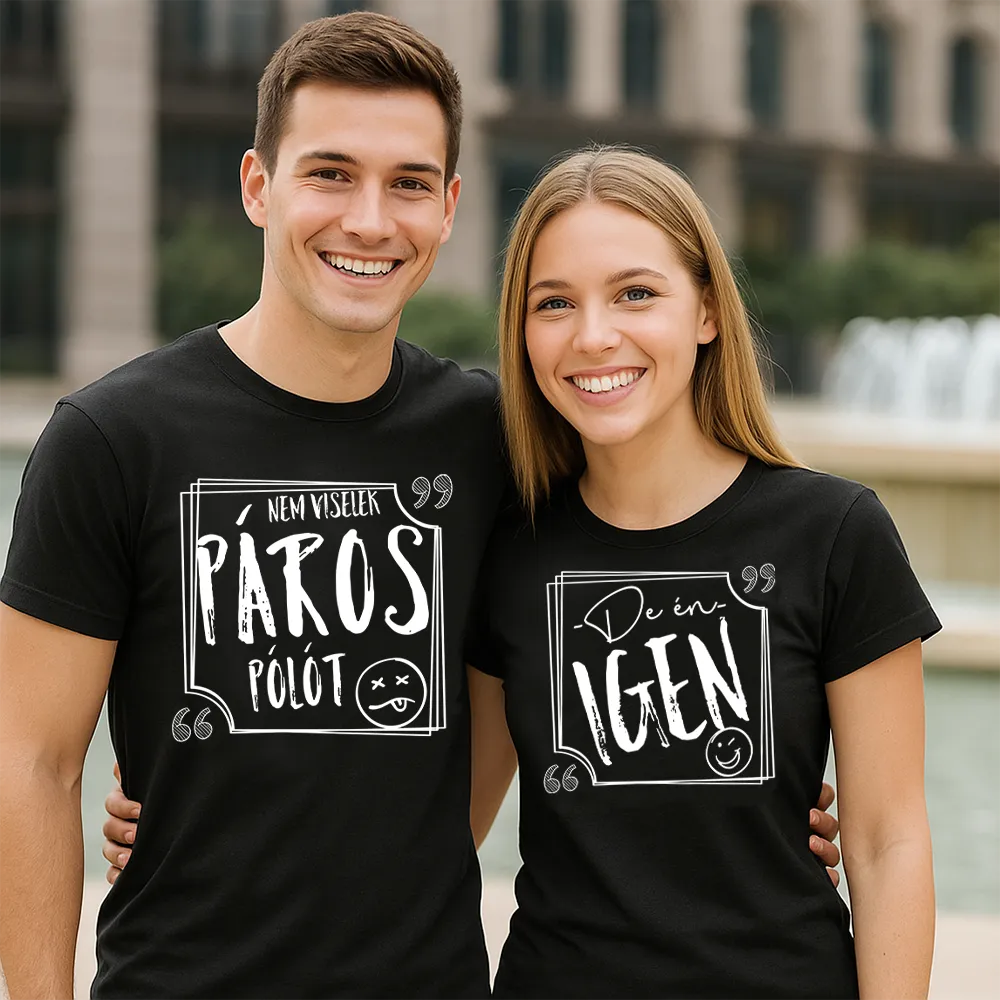 egy férfi és egy nő látható általunk készitett párospólót viselnek