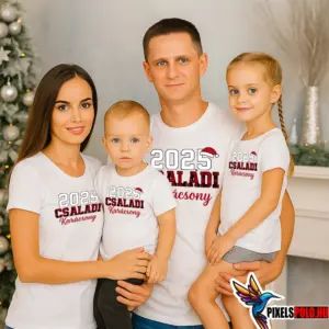 Mosolygó család karácsonyfa előtt fehér Családi karácsony 2025 pólóban ünnepi fotózáson