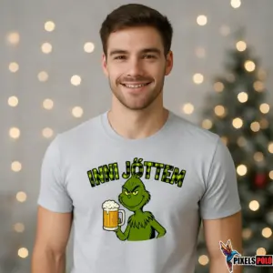 Inni jöttem Grinch póló – humoros karácsonyi póló Grinch grafikával korsó sörrel – zöld-fekete kockás