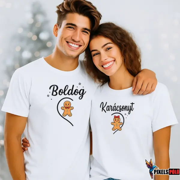 Mézi karácsonyi páros póló – két fél szív, fiú és lány Mézi – Boldog Karácsonyt felirattal