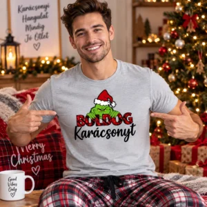 Boldog karácsonyt Grinch Póló zöld karácsonyi karakterrel és ünnepi felirattal