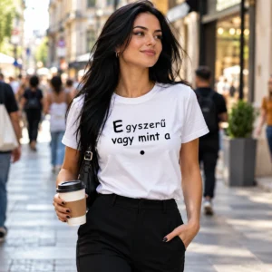 Fekete hajú nő fehér Egyszerű vagy mint a pötty pólóban, fekete nadrágban sétál egy forgalmas utcán.