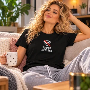 Éppen offline felirat fehér, írógépes betűkkel, felette pirossal áthúzott fehér Wi-Fi-jel.