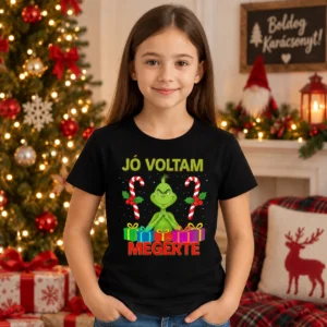 Fekete „Jó voltam, megérte” Grinch karácsonyi póló ajándékokkal és cukorpálcákkal