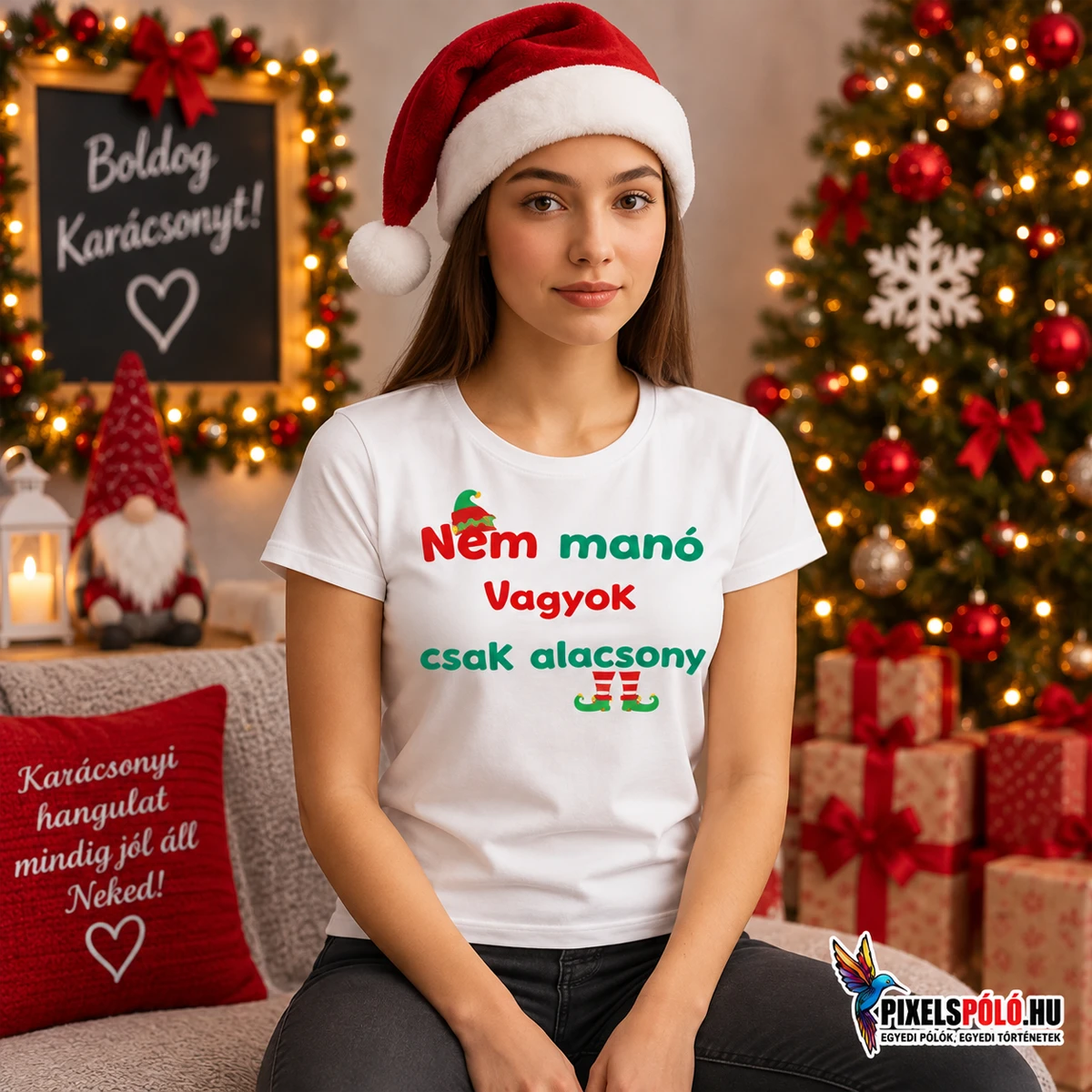 Nem Manó vagyok csak alacsony vicces karácsonyi póló