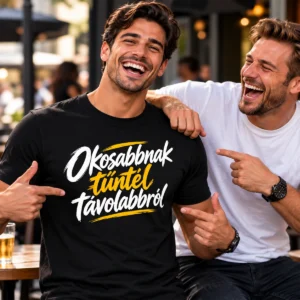 Két nevető férfi, az egyiken fekete „Okosabbnak tűntél távolabbról” feliratú póló, fehér-sárga ecsetbetűs grafikával.