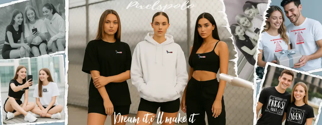 Három lány sportolók egymás mellett, pixelspolo logóval ellátott ruházatban – egyedi póló, pólónyomtatás