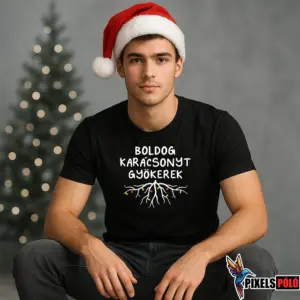 Vicces karácsonyi póló gyökér mintával és karácsonyi égőkkel, Boldog karácsonyt gyökerek felirattal