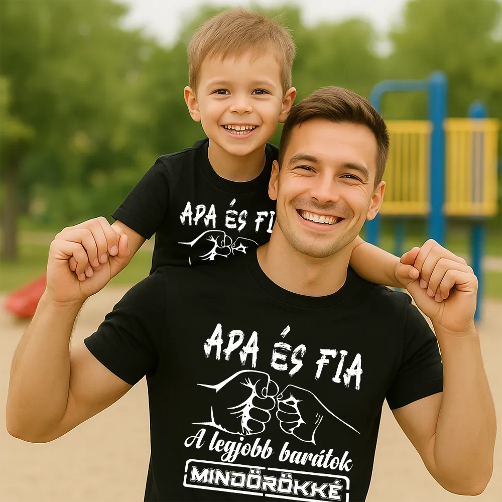 Apa és fia pólóban, pacsi grafikával, "Apa és fia a legjobb barátok mind örökké" felirattal – egyedi póló, családi ajándék