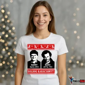 Vicces karácsonyi póló Harry és Marv grafikával és Boldog karácsonyt felirattal a Reszkessetek betörők filmből