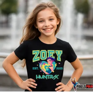 Huntrix EST. 2025 Zoey Póló gyerekeknek – színes Zoey karakter grafika 150g pamut pólón