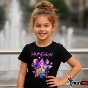 Huntrix The Best Team Póló – Rumi, Mira, Zoey és démon tigris színes grafika gyerek modellen
