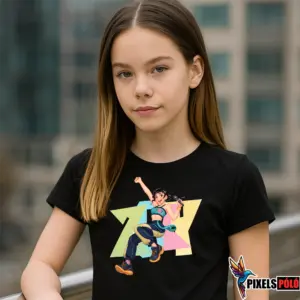 Huntrix Zoey Sing Póló – Zoey énekel mikrofonnal színes grafikán gyerek modellen