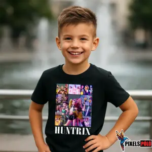 Huntrix Collage Póló gyerekeknek – 150g pamut póló anime stílusú kollázs grafikával