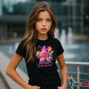 K-pop Démonvadász Póló – három főszereplő csillagokkal és “K-pop Demonhunters” felirat gyerek modellen
