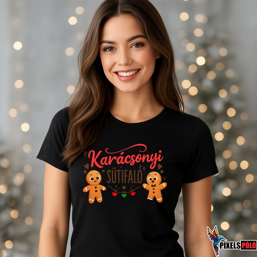 Karácsonyi Sütifaló női póló, két mézeskalács figura, vicces karácsonyi grafika, PixelsPóló
