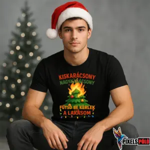Vicces karácsonyi póló lángoló karácsonyfa grafikával és Kiskarácsony nagykarácsony felirattal