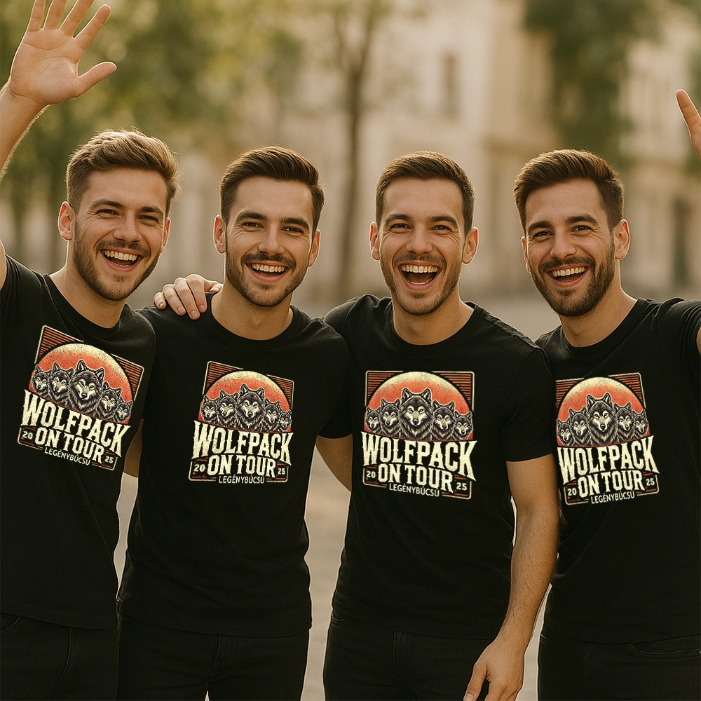 Legénybúcsús fiúcsapat látható egységes legénybúcsú pólóban, vidám hangulattal, összekapaszkodva a bulira készülve.