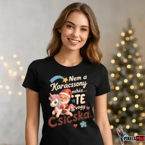 Vicces karácsonyi póló Pixar stílusú grafikával, Télapó unikornison és „Nem a karácsony nehéz te vagy csicska” felirattal