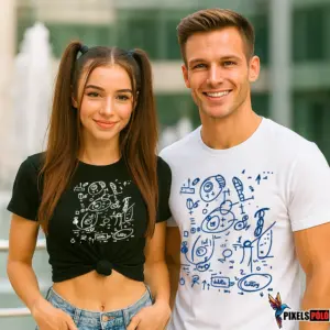 Orbán Viktor jegyzetrajz póló férfi modellen – Pixelspóló Orbán Viktor firka póló női modellen – fekete póló Humoros Orbán póló jegyzetrajz grafikával Unisex Orbán Viktor rajzos póló – fehér és fekete színben