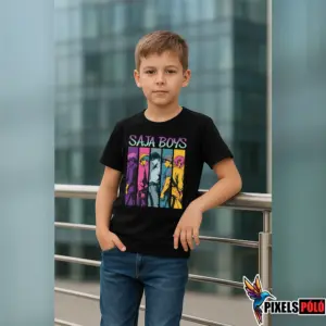 Saja Boys New Style Póló – kisfiú fekete pólóján színes csapat grafika