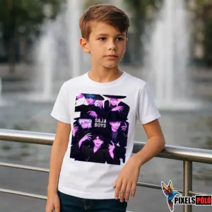 Saja Boys Dark Style Póló – kisfiú fehér pólóján csapat grafika sötét stílusban