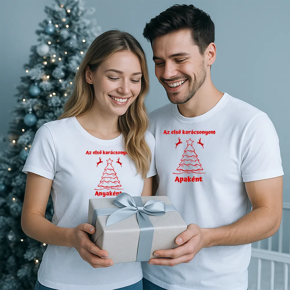 Első karácsonyom apaként és első karácsonyom anyaként feliratú póló – egyedi pólónyomtatás, ajándék pároknak