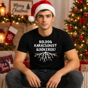 Fekete „Boldog karácsonyt, gyökerek!” póló karácsonyi égőkkel díszített gyökér grafikával