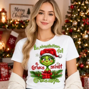Fehér „Én olvasztottam fel a Grinch szívét” karácsonyi póló zöld Grinch figurával és piros szívvel