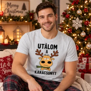 Világosszürke póló „Utálom a Karácsonyt” felirattal és morcos rénszarvas grafikával
