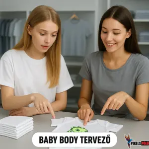 Baba body tervező felület: feltöltött fotóval és élő előnézettel készíthető személyre szabott baba body a képen két hölgy baba body kinézetét tervezi