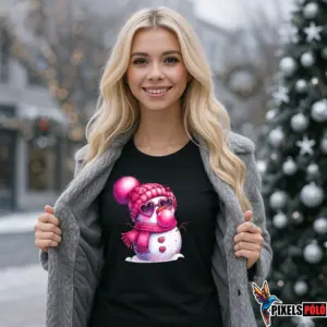 hóember karácsonyi póló rágógumit fújó hóemberrel és rózsaszín sapkával – cuki ünnepi póló Pixelspóló