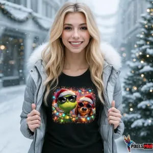 Grinch és Max karácsonyi póló – humoros ünnepi póló fényfüzérrel, Pixelspóló