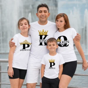 king queen prince princess családi póló fehér arany koronás feliratos szett család