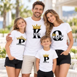 Négytagú család fehér King Queen Prince Princess pólókban, fekete betűkkel és arany koronákkal.