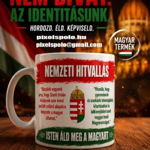 Nemzeti Hitvallás bögre magyar címerrel piros fehér zöld grafikával