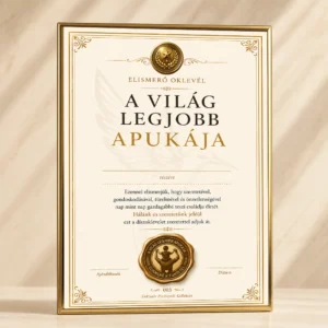 A Világ Legjobb Apukája oklevél elegáns arany keretben, prémium elismerő oklevél édesapáknak különleges ajándékként a PixelsPolo kínálatából.